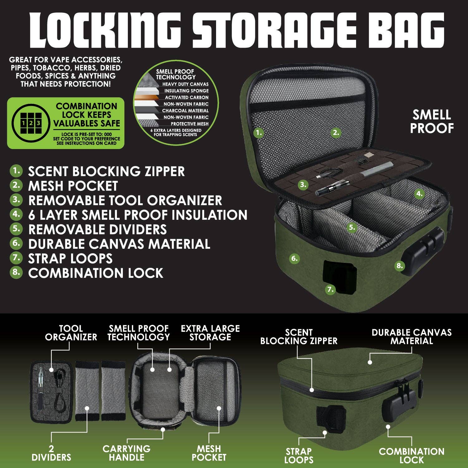 Smell Proof Canvas Lock Bag with Tool Organizer- 2 Pieces Per Pack